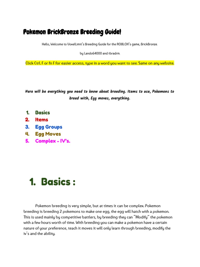 Pokemon Brick Bronze Official Breeding Guide, PDF, Leisure
